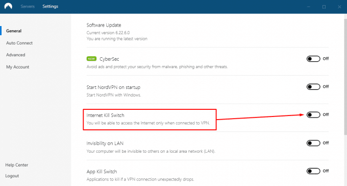 NordVPN Internet Kill Switch Funktion